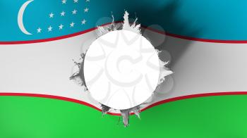 Hole cut in the flag of Uzbekistan, white background, 3d rendering