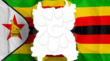 Ripped Zimbabwe flying flag, over white background, 3d rendering