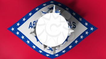Hole cut in the flag of Arkansas state, white background, 3d rendering