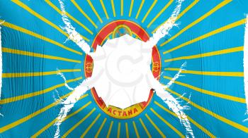 Astana, capital of Kazakhstan flag with a hole, white background, 3d rendering