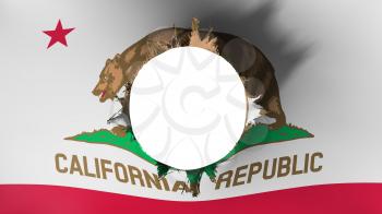 Hole cut in the flag of California state, white background, 3d rendering