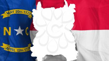 Ripped North Carolina state flying flag, over white background, 3d rendering