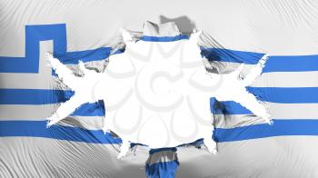 Podgorica city, capital of Montenegro flag with a big hole, white background, 3d rendering