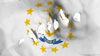Rhode Islands flag perforated, bullet holes, white background, 3d rendering