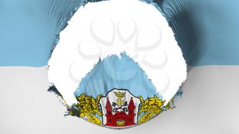 Big hole in Riga city, capital of Latvia flag, white background, 3d rendering