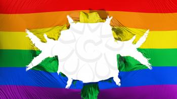 Gay rainbow flag with a big hole, white background, 3d rendering
