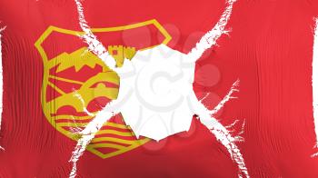 Skopje city, capital of Macedonia flag with a hole, white background, 3d rendering