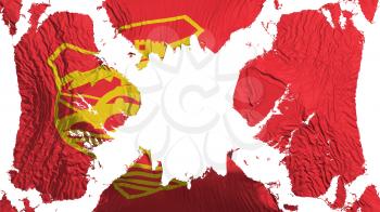 Skopje city, capital of Macedonia torn flag fluttering in the wind, over white background, 3d rendering