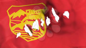 Skopje city, capital of Macedonia flag perforated, bullet holes, white background, 3d rendering