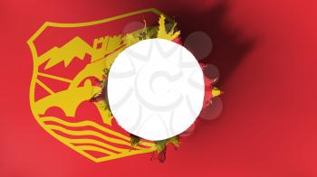 Skopje city, capital of Macedonia flag ripped apart, white background, 3d rendering