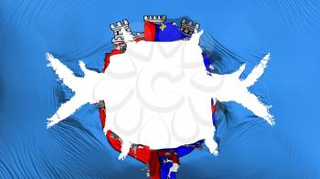 Tirana city, capital of Albania flag with a big hole, white background, 3d rendering