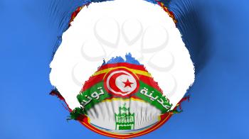 Big hole in Tunis city, capital of Tunisia flag, white background, 3d rendering