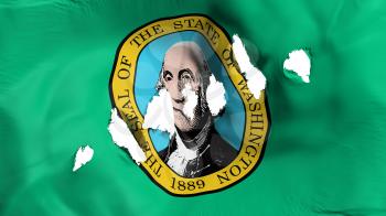Washington state flag perforated, bullet holes, white background, 3d rendering