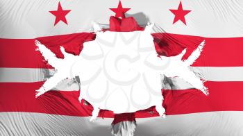 Washington DC city, capital of United States of America flag with a big hole, white background, 3d rendering
