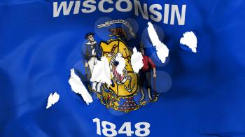 Wisconsin state flag perforated, bullet holes, white background, 3d rendering