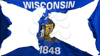 Destroyed Wisconsin state flag, white background, 3d rendering