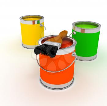 Royalty Free Clipart Image of a Paintbrush and Paint Cans