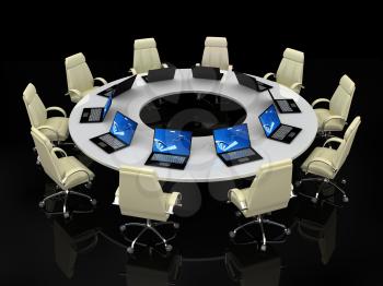 Royalty Free Clipart Image of a Conference Table With Laptops