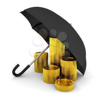 Royalty Free Clipart Image of Coins Under an Umbrella
