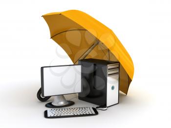 Royalty Free Clipart Image of a Computer Under an Umbrella