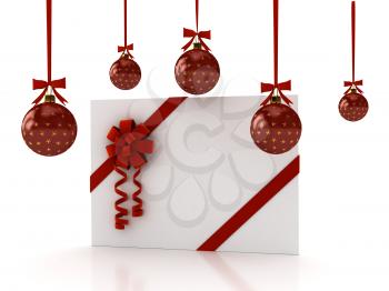 Royalty Free Clipart Image of a Greeting Card and Christmas Ornaments