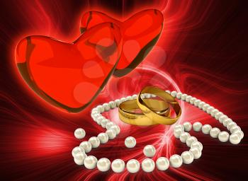 Royalty Free Clipart Image of Pearl Necklace and Wedding Rings
