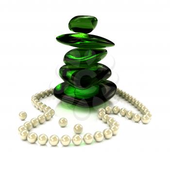 Royalty Free Clipart Image of a Pearl Necklace and Green Stones