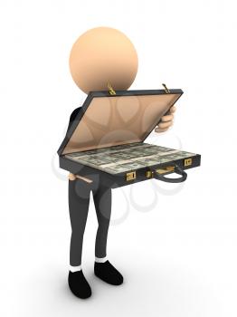 3d person open case with money. computer generated image