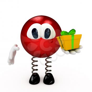 Cartoon character with present box. 3d computer gererated image