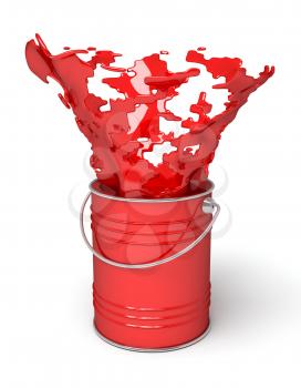 Red paint splashing out of can, on white background