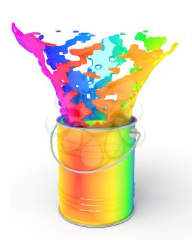 Rainbow paint splashing out of can, on white background
