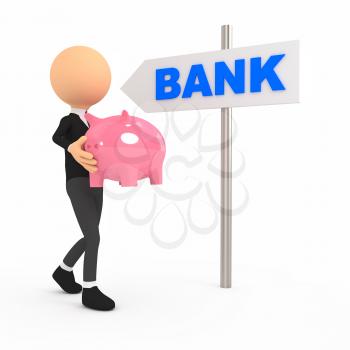 3d person with piggy bank on white background. computer generated image