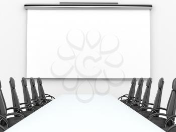 3D render of meeting room with projection screen and conference table