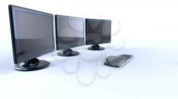 three lcd screens with keyboard and mouse on white background