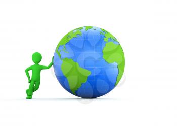 A 3d green character with glossy green and blue globe