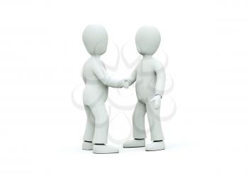 Two 3D characters in ties shake hands on a white background