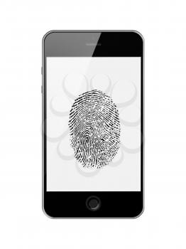 Mobile Smart Phone with Fingerprint of Thumb Isolated on White Background. Highly Detailed Illustration.
