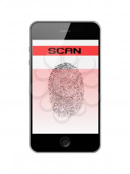 Mobile Smart Phone with Fingerprint of Thumb Isolated on White Background. Highly Detailed Illustration.