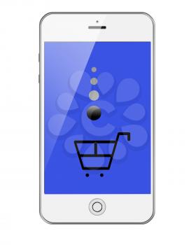 Mobile Smart Phone with Shopping Trolley Isolated on White Background. Highly Detailed Illustration.