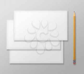 Set of Blank Envelopes with Yellow Pencil on Gray Background. With Soft Shadows. 