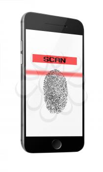 Mobile smart phone with fingerprint of thumb isolated on white background. Highly detailed illustration.