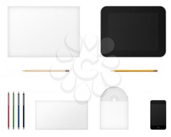 Office supplies for designers presentations and portfolios isolated on white background. Above view.