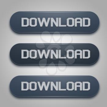 Three dark blue download buttons on gray background. Web design element. Highly detailed illustration.