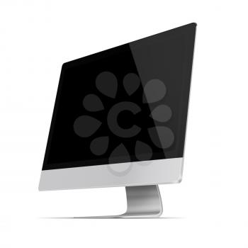 Modern flat screen computer monitor with black screen isolated on white background. Highly detailed illustration.