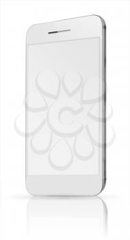 Realistic mobile phone with blank screen isolated on white background. Highly detailed illustration.