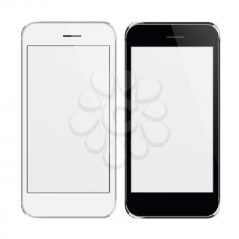 Realistic black and white mobile phones with blank screen isolated on white background. Highly detailed illustration.
