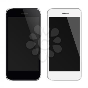 Realistic black and white mobile phones with black screen isolated on white background. Highly detailed illustration.