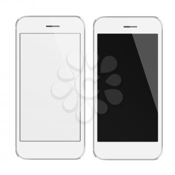 Realistic white mobile phones with blank and black screen isolated on white background. Highly detailed illustration.
