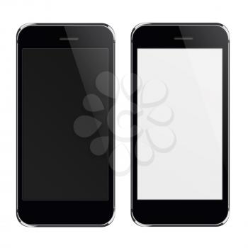 Realistic black mobile phones with black and blank screen isolated on white background. Highly detailed illustration.