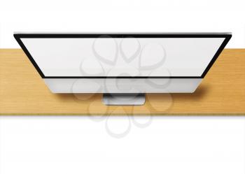 Modern computer monitor with blank screen on wooden desk isolated on white  background. Front view from the top. Highly detailed illustration.